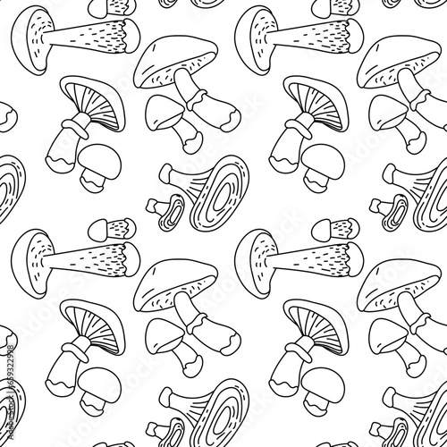 A pattern with contour mushrooms large and small. Contrasting illustration depicting a thin black outline of mushrooms on a white background. Contoured seamless texture for printing on textiles, paper