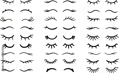 Closed eye with eyelashes with stars cute vector icon for cartoon character illustration. Night sleep girl or unicorn long eyelash line simple face part graphic makeup mascara symbol. 