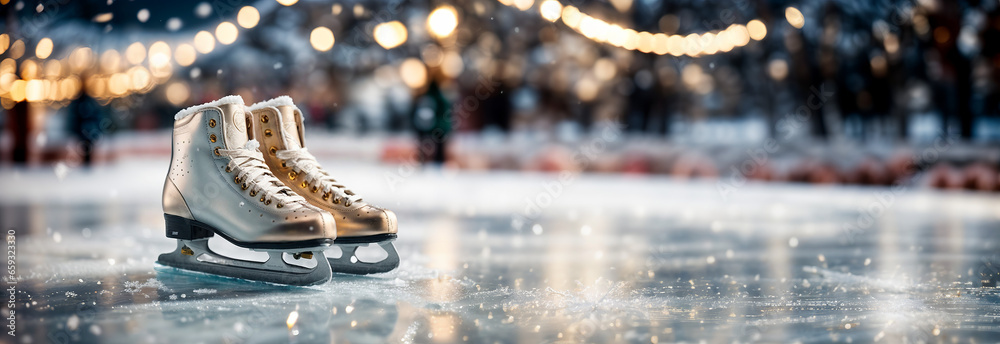 Ice skates on the ice rink, banner for ice rinks and winter events, website header, background with copy space, winter concept of leisure and activities during winter holidays - obrazy, fototapety, plakaty 