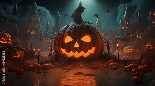 A pumpkin carved with a scene from a ghostly carnival, featuring eerie rides and shadowy figures in the background. 