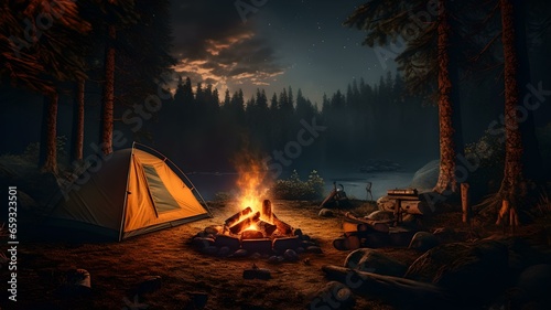 Stimmungsvolle Nacht am Zeltplatz mit glühendem Lagerfeuer