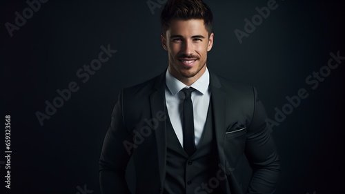 Erfolgreicher Geschäftsmann im schwarzen Anzug posiert vor dunklem Hintergrund