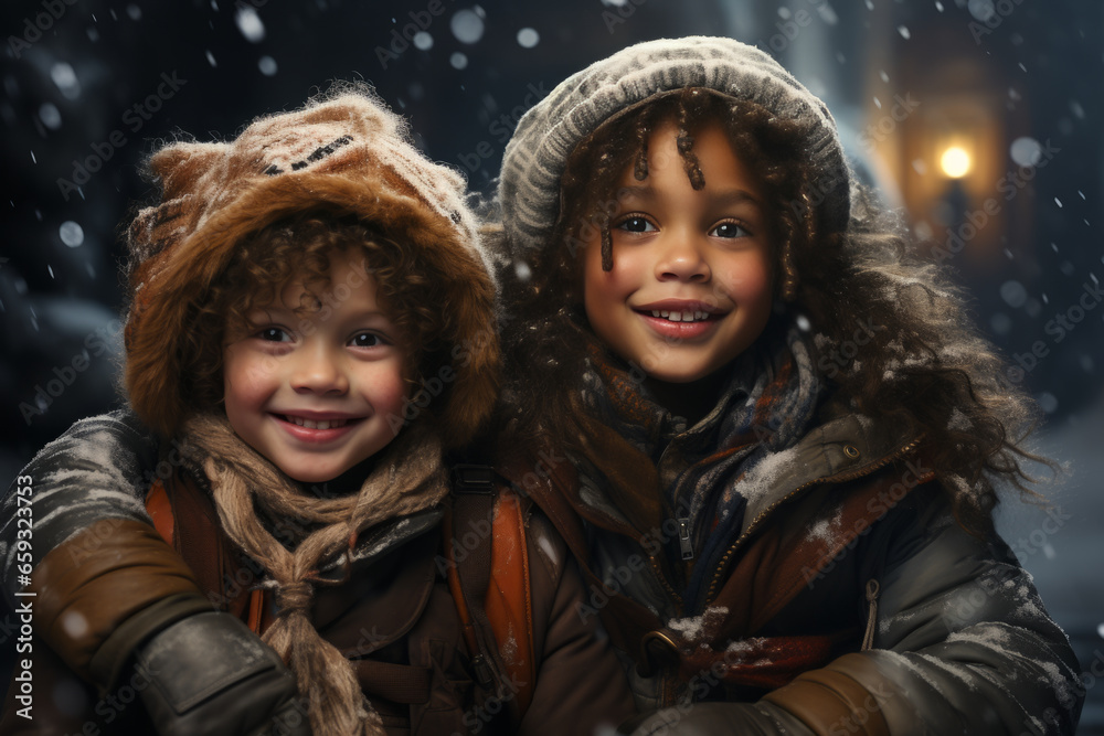African American little girls in winter outfit fascinated looking at snowfall. Winter lifestyle