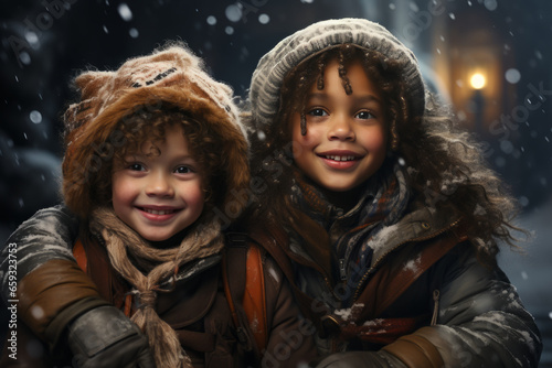 African American little girls in winter outfit fascinated looking at snowfall. Winter lifestyle