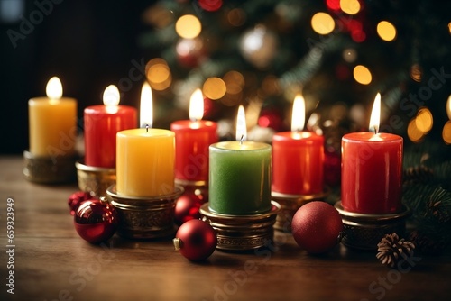 christmas candles and decorations  Christmas candles decoration  Different colors christmas candles decaration  christmas wish background image   AI-GENERATED