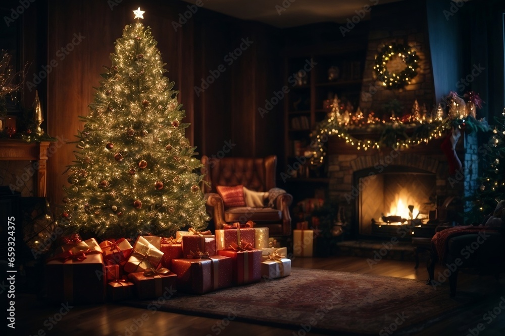 christmas tree with gifts, Indoor christmas decorations,  magic christmas tree, gift boxes, decorated fireplace, home christmas decorations. Christmas wallpaper | AI-GENERATED
