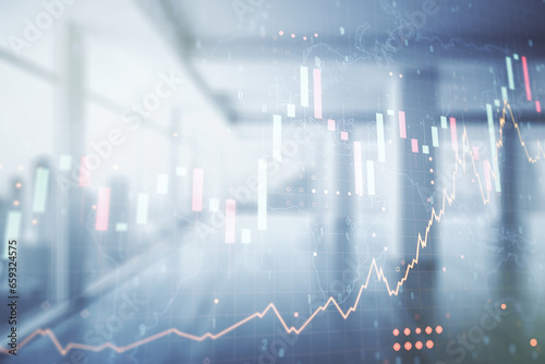 Multi exposure of virtual creative financial graph and world map on empty corporate office background, forex and investment concept