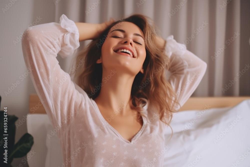 Woman stretching in bed after wake up, AI Generated Woman stretching in bed after wake up, AI Generated