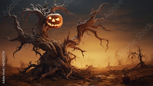 A pumpkin transformed into a twisted tree, its branches reaching out like skeletal fingers. 