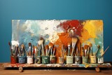 Colorful paint palette on a artist table, creative banner background with paint and brushes