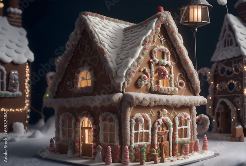 gingerbread Christmas house in the snow