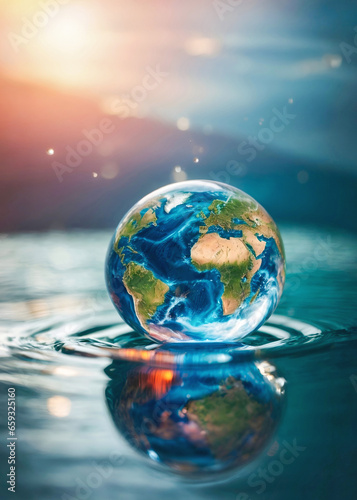 Earth globe ball floating on water with sunset in background, save the planet, climate change awareness, ecology concept. nature, environmental goals for development and sustainability. 