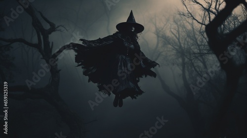 human dressed as a witch flying on a broomstick through a haunted forest. .  © zahra