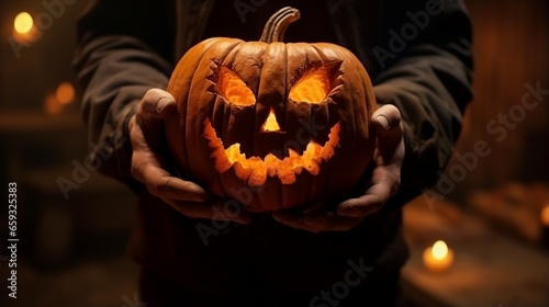 human holding a carved pumpkin with a jack-o'-lantern face. 