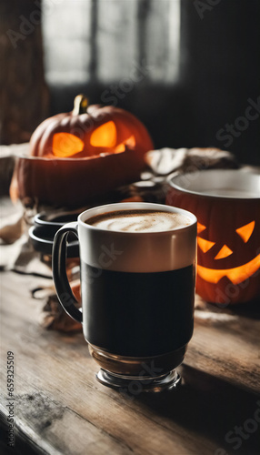 Halloween themed pumpkin spiced coffee setting with mug and decor