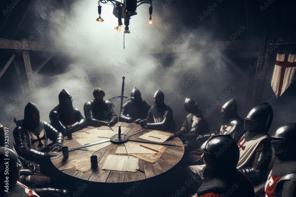 medieval knights sitting around a round table. King Arthur and the knights of the round table - obrazy, fototapety, plakaty 