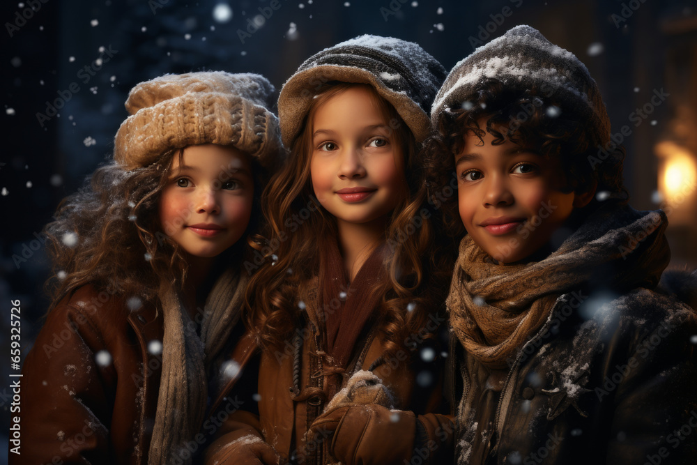 mixed races cute little kids in winter outfit fascinated looking at snowfall. Winter lifestyle