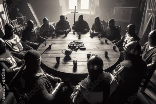 medieval knights sitting around a round table. King Arthur and the knights of the round table