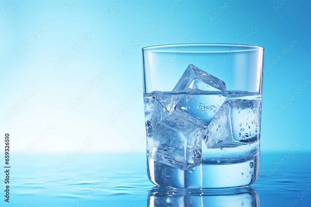 Refreshing Serenity: Close-Up of a Glass of Pure Cool Water on a Textured Light Blue Background with Beautiful Light and Highlights Refreshing Serenity: Close-Up of a Glass of Pure Cool Water on a Textured Light Blue Background with Beautiful Light and Highlights