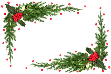 Winter holly berry mistletoe ivy fir background border frame on white. Christmas abstract design for greeting card, label, invitation, menu, gift tag.