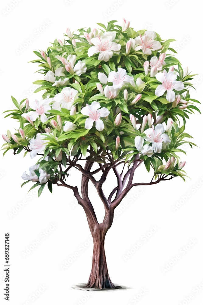 Oleander Beauty: Beautiful Flowering Oleander Tree with a Thin Trunk, Spherical Crown, and White Flowers, Isolated on a White Background