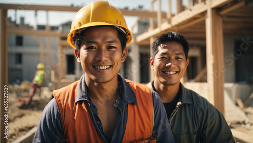 Giovani operai edili di origini asiatiche sorridente in un cantiere photo