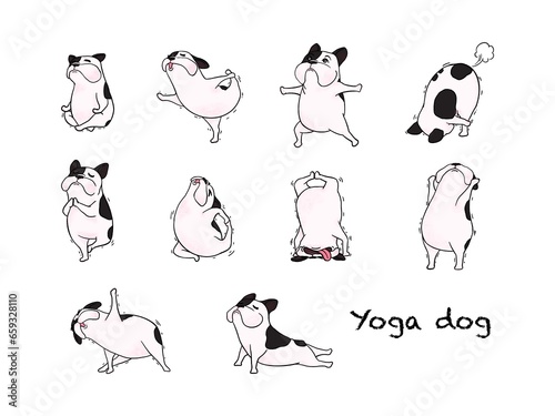 Hand drawn illustrations Cartoon style of French Bulldog breed on white background. Digital painting dog’s  character for yoga. Design for Wallpaper, Print, Cover, Background and Web design.