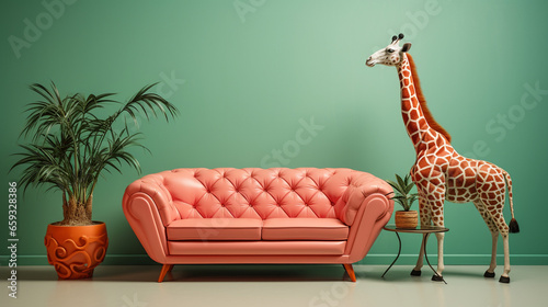 Modern living room interior with stylish sofa and giraffe sculpture, african design theme, minimalism