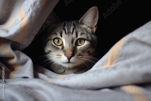 Gray striped cat lying in bed covered with blanket. AI Generated © dark_blade