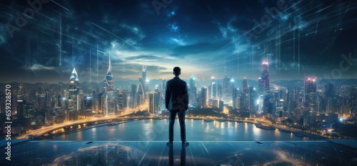business person on a rooftop with futuristic urban panorama in the night  global connection business concept
