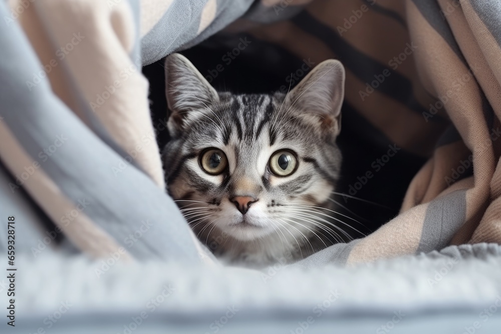 Obraz premium Gray striped cat lying in bed covered with blanket. AI Generated