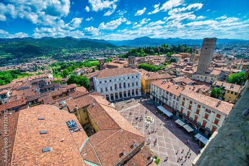 Fototapeta Naklejka Na Ścianę i Meble -  Bergamo, Italy - July 16, 2017: Medieval streets and buildings of Bergamo Alta on a sunny summer day