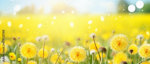 Spring Meadow Abundant with Yellow Dandelion Flowers in Sunny Nature © pierre