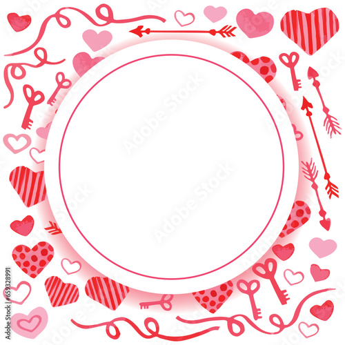 Card template for Valentine's day with space for text - a lot of pink and red hearts, red ribbons, red arrows in flat style on white background. Symbol of love. Vector illustration.