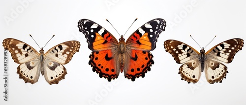 Set of Three Spotted Multicolored Butterflies: Painted Lady, Vanessa Kershawi