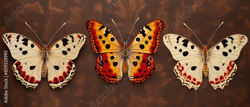 Set of Three Spotted Multicolored Butterflies: Painted Lady, Vanessa Kershawi