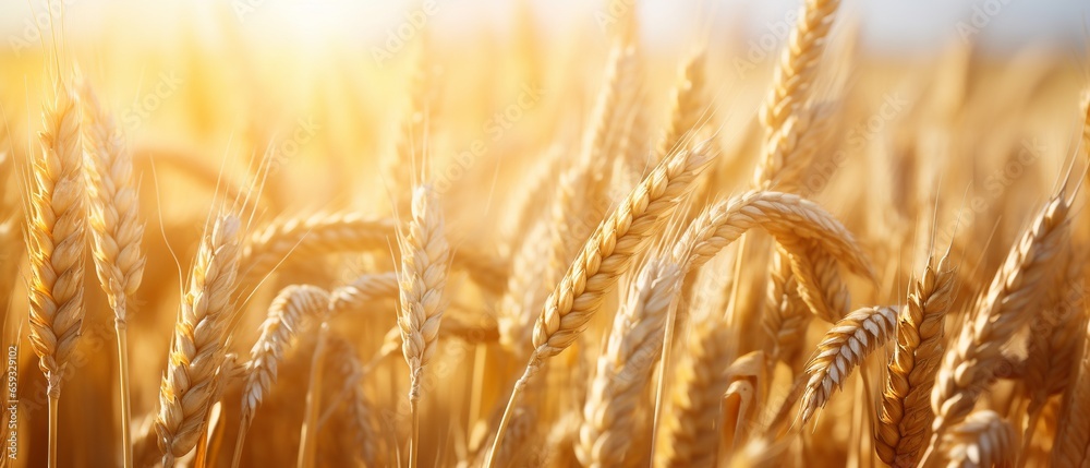 Close-up of Sunlit Ripe Wheat Spikes in a Golden Cereal Field Close-up of Sunlit Ripe Wheat Spikes in a Golden Cereal Field
