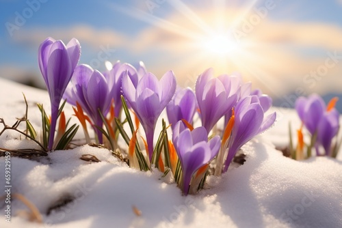 Purple Crocuses Blooming in Sunlight on Snowy Spring Landscape