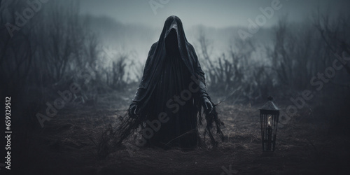 Grim Reaper Standing on a Road at Dusk: A spine-tingling image of death in a black hooded cloak, creating a haunting and scary atmosphere ideal for Halloween. photo