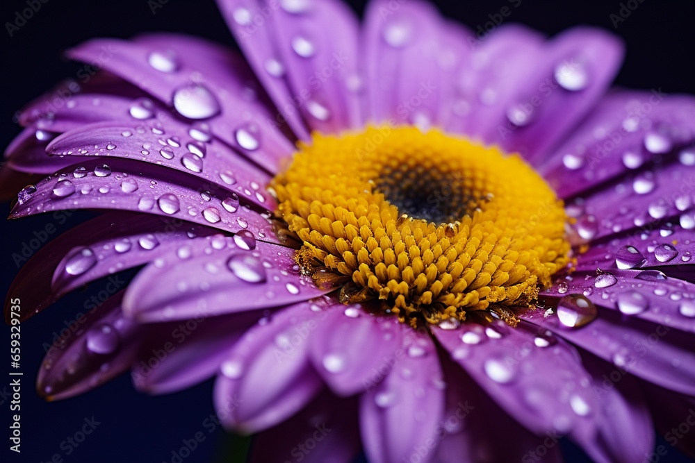 Close-Up of Water Drops on Yellow Gerbera Petals: Purple Violet Background Close-Up of Water Drops on Yellow Gerbera Petals: Purple Violet Background