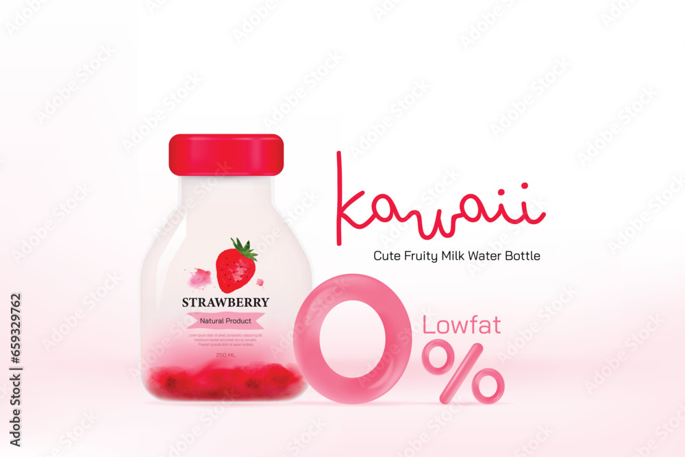 Organic strawberry with milk in bottle and jar design, commercial vector advertising mock-up. Beverage product 0% low fat 3d realistic illustration vector. Organic strawberry with milk in bottle and jar design, commercial vector advertising mock-up. Beverage product 0% low fat 3d realistic illustration vector.