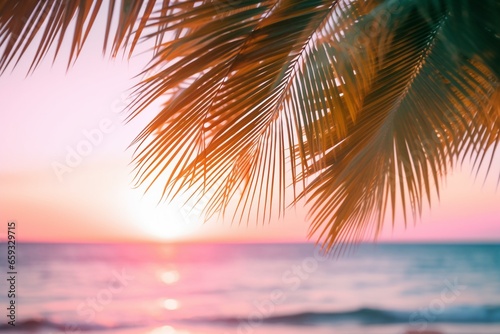 Sunset Through Tropical Palm Leaves: Pink Sky and Sea