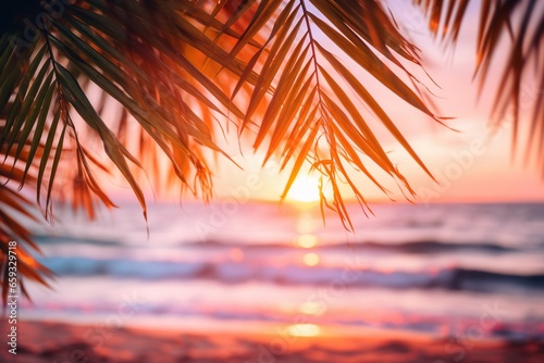 Sunset Through Tropical Palm Leaves: Pink Sky and Sea © pierre