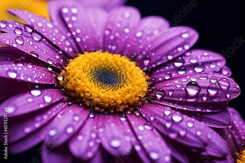 Close-Up of Water Drops on Yellow Gerbera Petals  Purple Violet Background