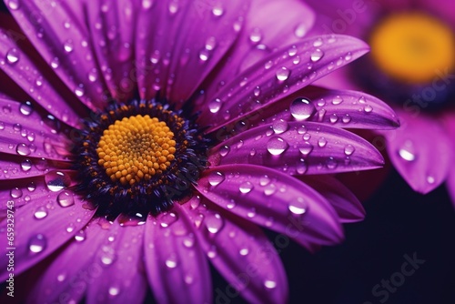 Close-Up of Water Drops on Yellow Gerbera Petals  Purple Violet Background