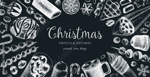 Christmas food background. Christmas market design template. Hand-drawn vector illustration. Hot drinks, candies, cookies, pastries sketches. Winter holiday menu. Sweet food frame on chalkboard