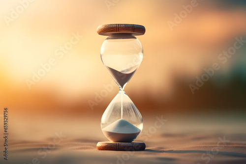 hourglass on sand with beach and sea sunset background