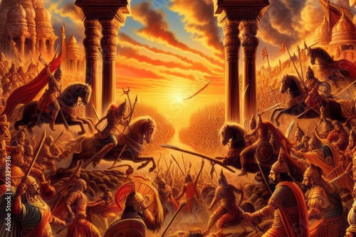 the war between the Pandavas and Kauravas, as mentioned in the Hindu epic Mahabharat. The war took place at Kurukshetra, India photo