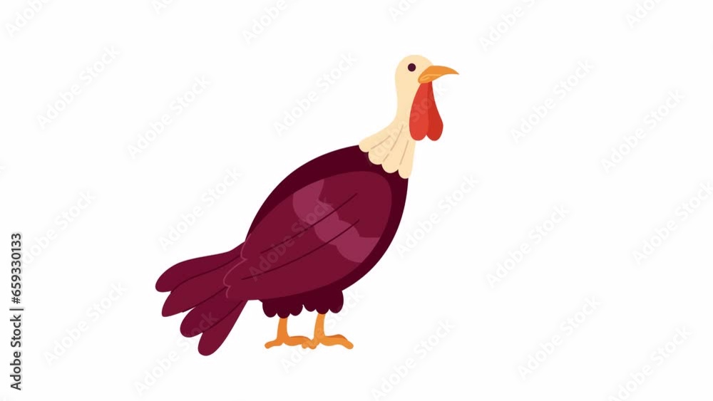 Domestic turkey bird 2D character animation. Poultry farming flat cartoon 4K video, transparent alpha channel. Wild gobbler thanksgiving. Autumnal countryside bird animated animal on white background Domestic turkey bird 2D character animation. Poultry farming flat cartoon 4K video, transparent alpha channel. Wild gobbler thanksgiving. Autumnal countryside bird animated animal on white background