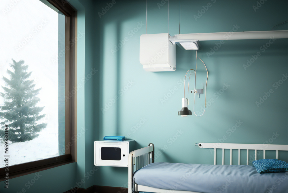 病院のベッドと窓の外の雪景色の木,generative ai - obrazy, fototapety, plakaty 